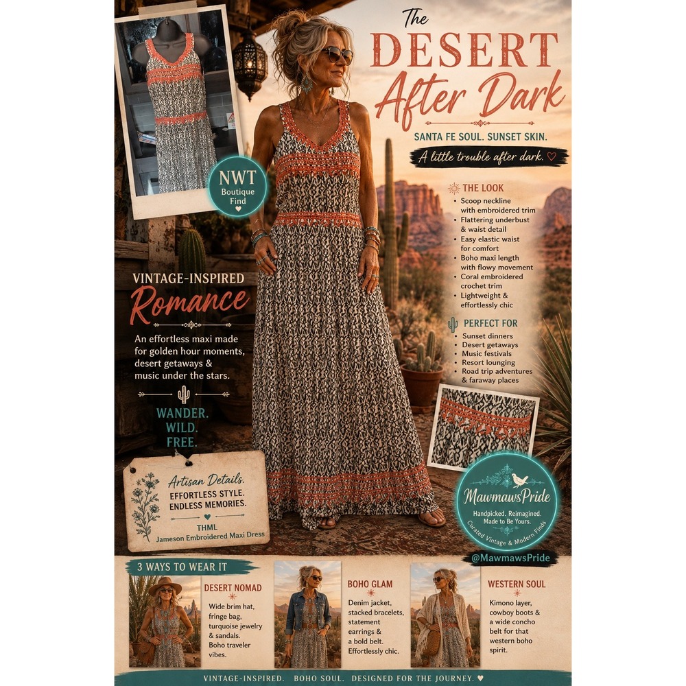 THML Desert After Dark Embroidered Boho Maxi Dress Black Coral M NWT